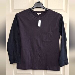 Gap Mens Mixed Media 100% Cotton Shirt Black Jersey/Crisp Button Long Sleeve M